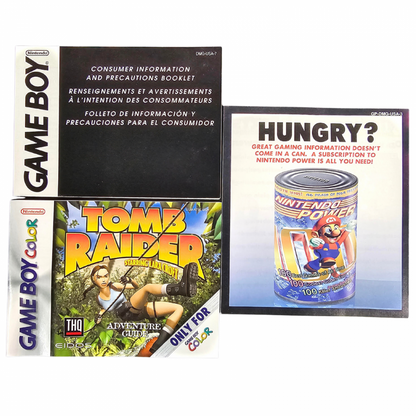 Tomb Raider Game Boy Color GBC video game Complete In Box CIB featuring Lara Croft action adventure gameplay platforming exploration ancient ruins treasure hunting puzzle solving enemy encounters and classic handheld gaming retro video game collection collectible gaming appeal inserts