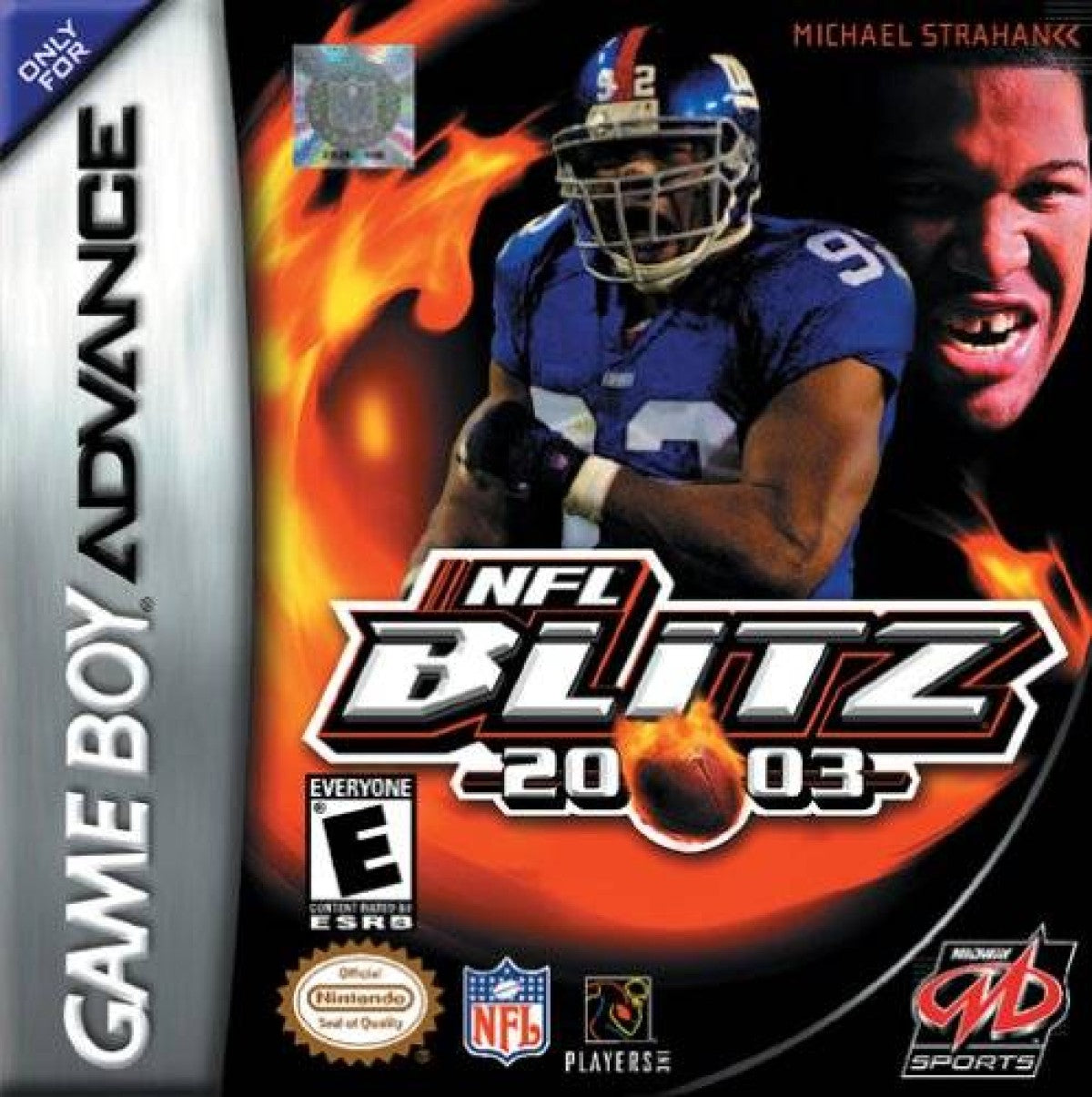 NFL Blitz 2003 Game Boy Advance GBA video game featuring arcade football sports gameplay NFL teams and players fast paced football action hard hitting tackles powerful offensive plays exaggerated sports action passing rushing touchdowns defensive hits multiplayer matches and classic Nintendo handheld arcade football gaming retro video game collection collectible gaming appeal front cover art