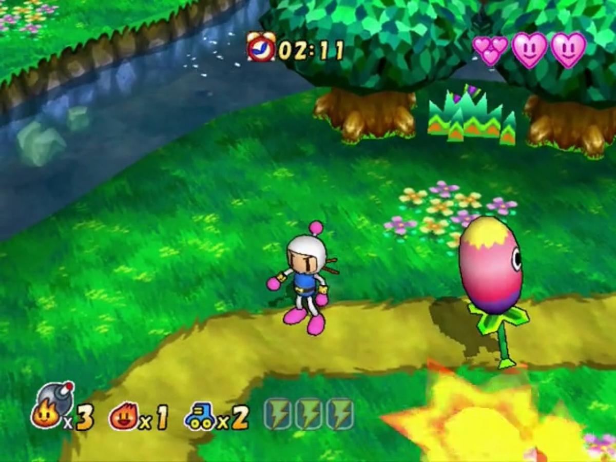 Gameplay for Bomberman Generation GameCube game featuring classic bomb-based action gameplay and colorful 3D platforming adventure