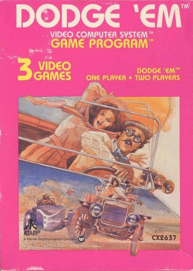 Dodge Em text label cover art for Atari 2600 video game