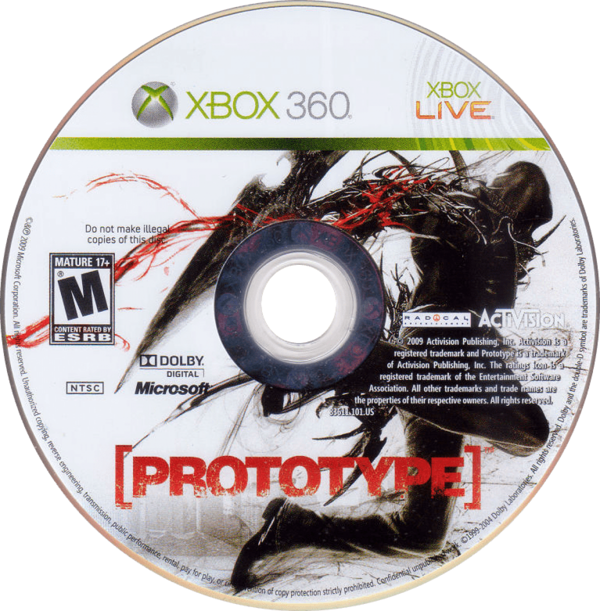 Prototype Xbox 360 open-world action-adventure game with shapeshifting abilities consuming enemies and parkour traversal in a military conspiracy disc