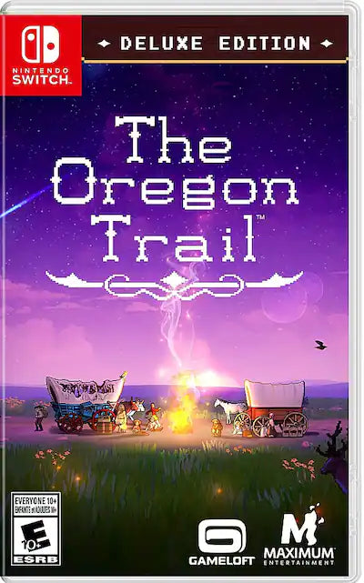 The Oregon Trail Deluxe Edition Nintendo Switch inspired design featuring classic frontier survival adventure aesthetic wagon journey across the American West resource management historical exploration charming modernized visuals family friendly strategy gameplay collectible deluxe presentation front cover