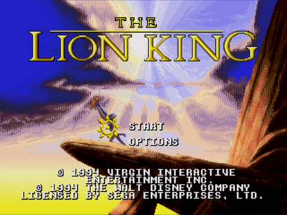 Disney’s The Lion King for Sega Genesis with classic side-scrolling platform adventure based on the animated film main menu