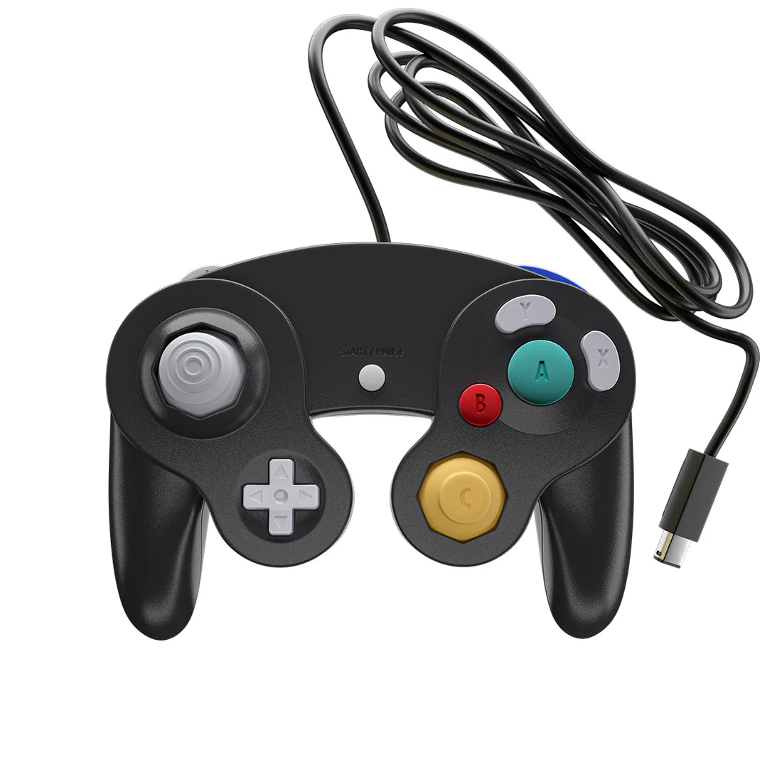 XYAB brand black GameCube controller wired retro gaming accessory for Nintendo GameCube and Wii systems