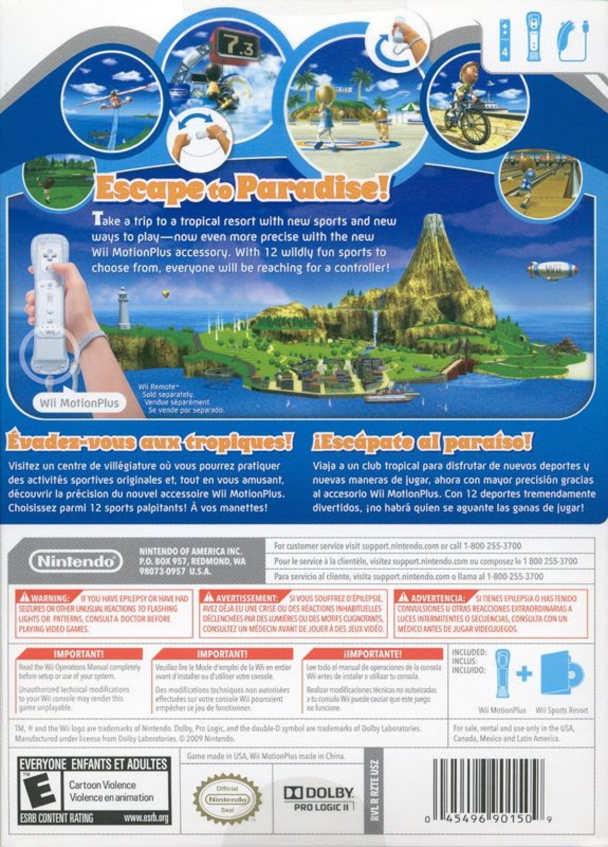 Wii Sports Resort Wii MotionPlus bundle Nintendo Wii video game, complete in box CIB, motion-controlled sports gameplay, family-friendly multiplayer title back cover