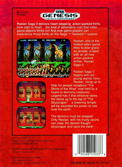 Rastan Saga II Sega Genesis GEN for retro video game enthusiasts featuring side scrolling action platforming gameplay barbarian warrior combat fantasy adventure powerful weapons challenging enemies mythical environments and collectible gaming appeal back art
