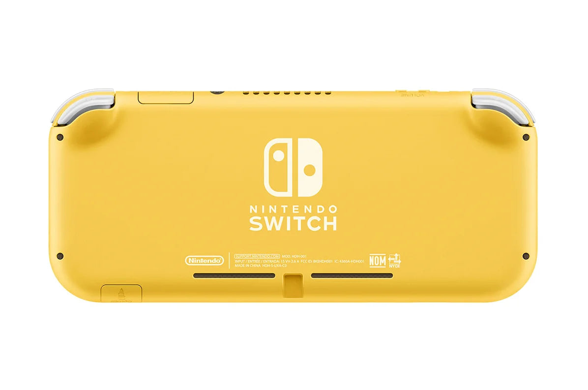Back view of the yellow Nintendo Switch Lite console with bright yellow casing and Nintendo Switch logo centered on the rear shell.