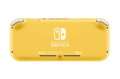 Back view of the yellow Nintendo Switch Lite console with bright yellow casing and Nintendo Switch logo centered on the rear shell.