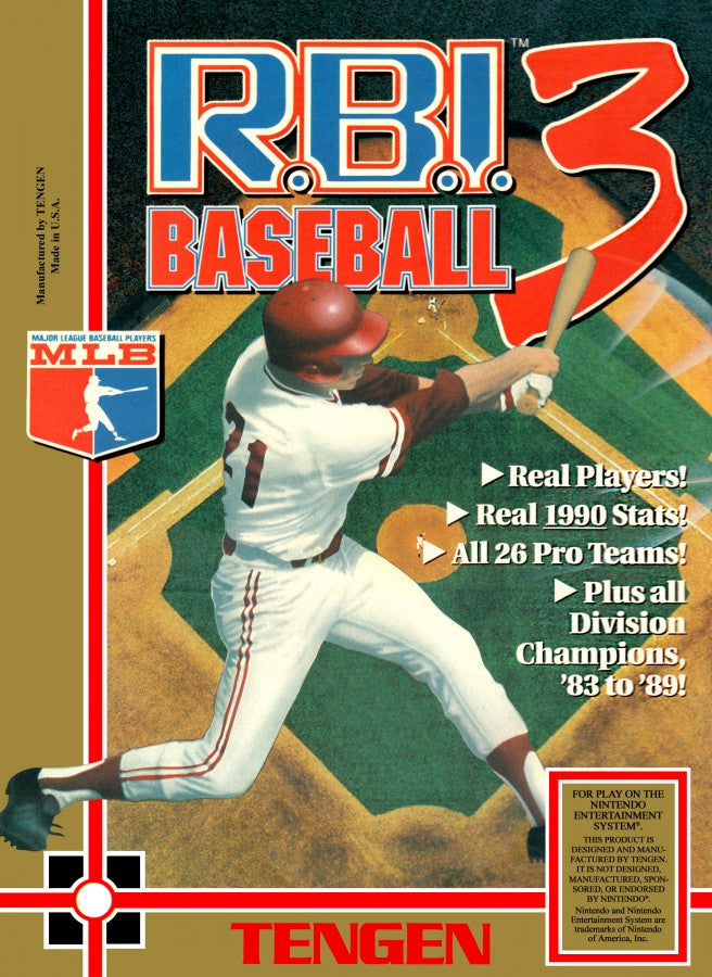 RBI Baseball 3 Nintendo Entertainment System NES video game featuring baseball sports gameplay batting pitching fielding base running competitive games team management baseball strategy and classic 8 bit Nintendo sports gameplay retro video game collection collectible gaming appeal front cover art