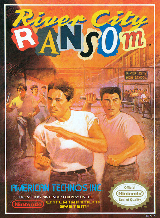 River City Ransom cartridge for the Nintendo Entertainment System featuring retro 8 bit beat em up action with street fighting gameplay character upgrades and open world exploration across River City cover art