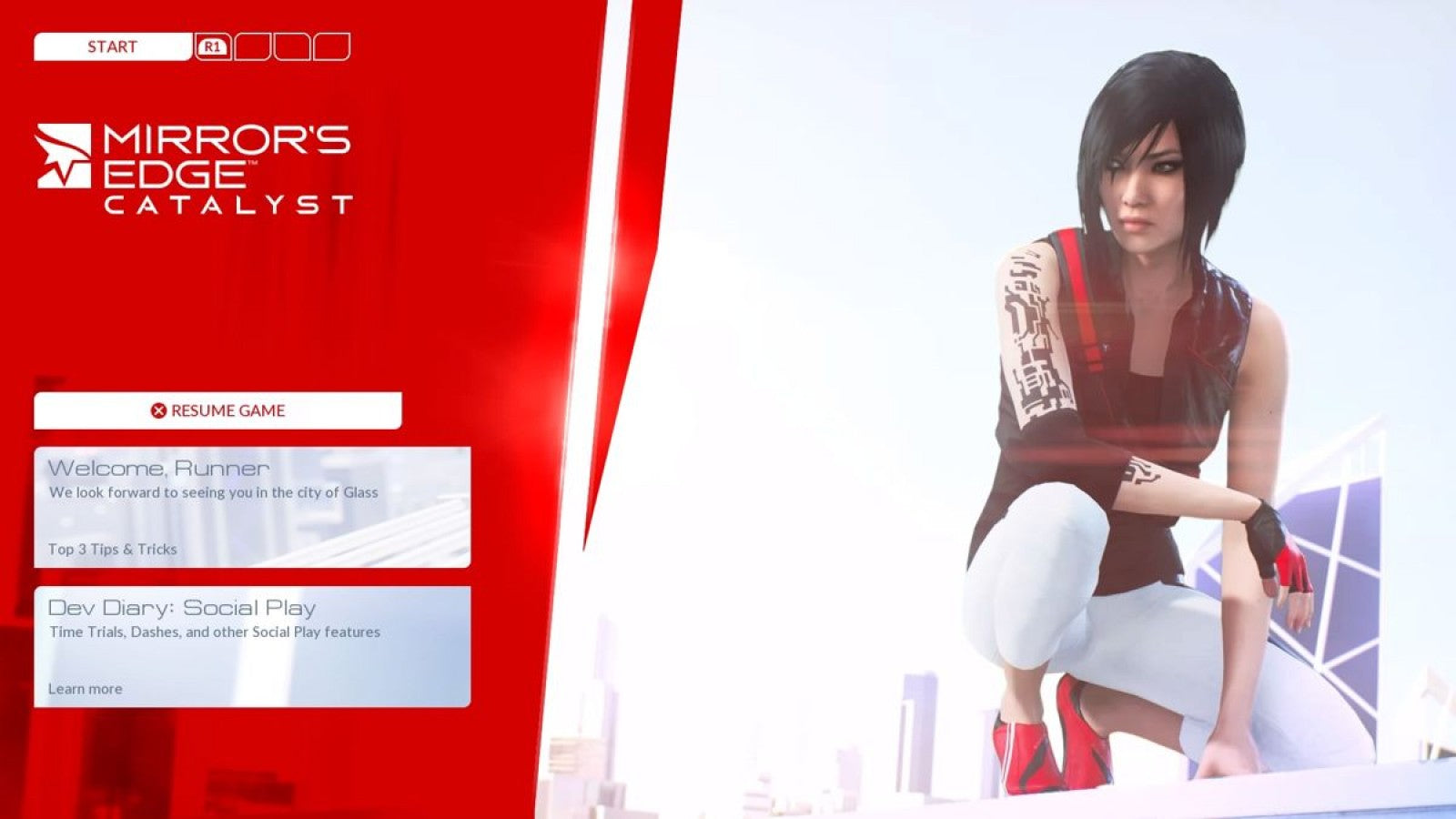 Mirror's Edge: Catalyst – PlayStation 4 (PS4) video game start screen, action adventure game