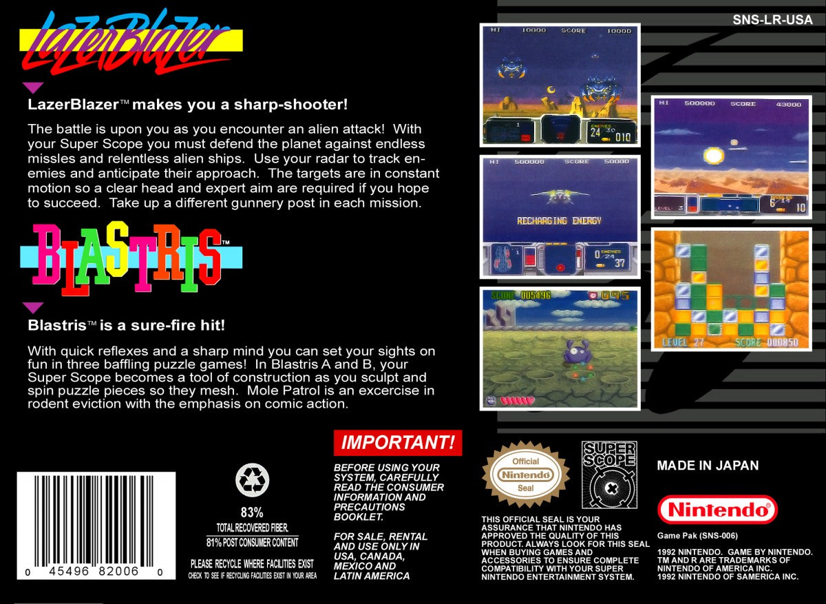 Super Scope 6 Super Nintendo Entertainment System SNES shooting gallery video game compilation featuring LazerBlazer Blastris and missile commands sub-games Konami pack-in title back box cover