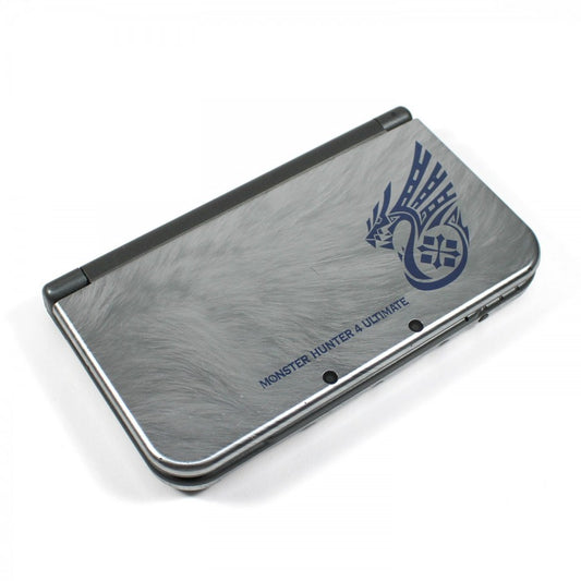 Monster Hunter 4 Limited Edition New Nintendo 3DS XL complete in box featuring exclusive silver design with embossed monster artwork top console view