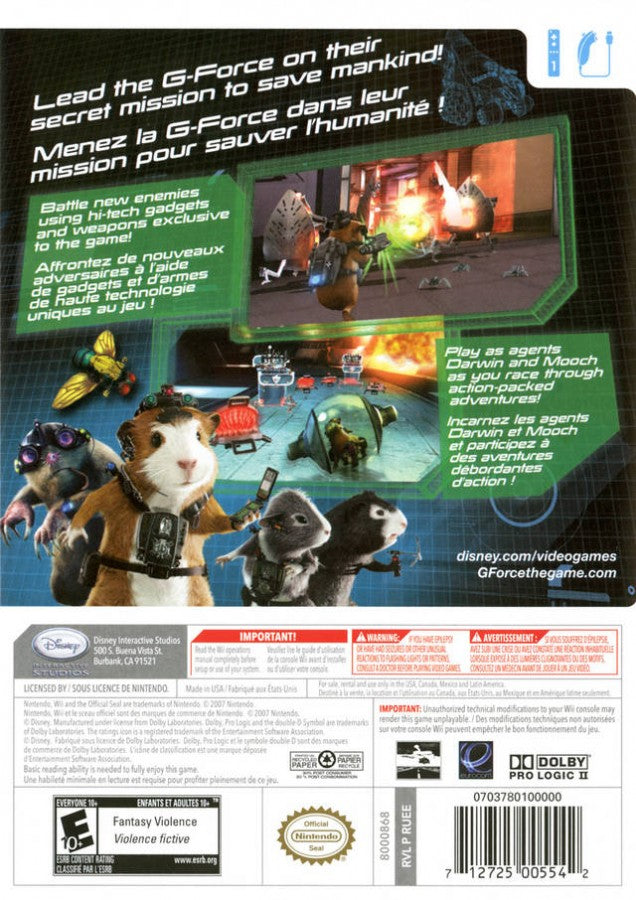 Disney’s G‑Force back cover art for Nintendo Wii action‑platform adventure starring a high‑tech team of elite guinea pigs on a secret mission, featuring fast‑paced combat, gadgets, and puzzle‑driven exploration.