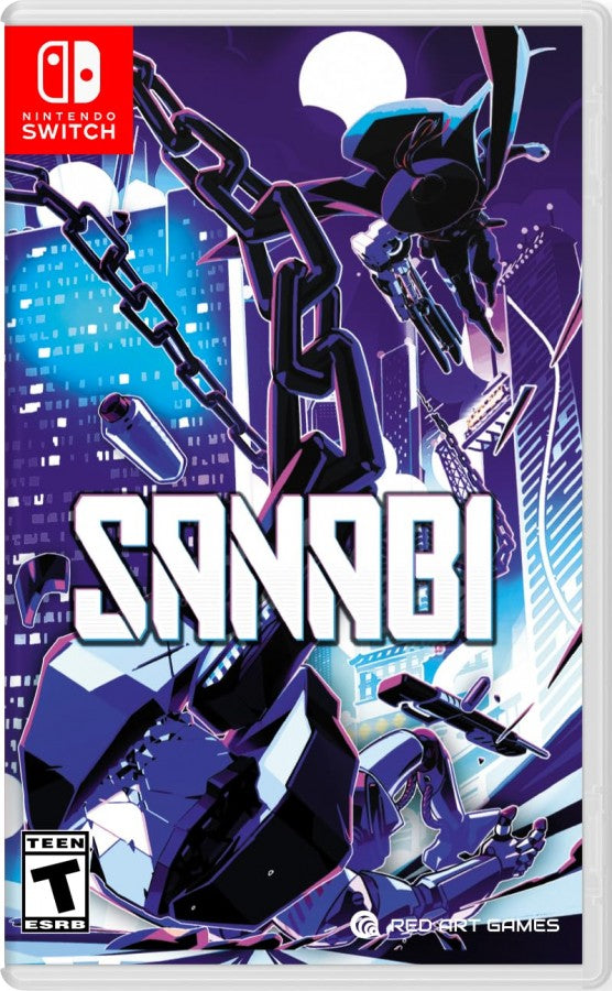 SANABI Nintendo Switch inspired design featuring cyberpunk action platform adventure aesthetic high speed grappling hook traversal dystopian futuristic cityscapes intense side scrolling combat pixel art visuals emotional storytelling challenging missions and stylish sci fi gameplay presentation front cover