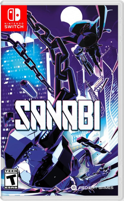 SANABI Nintendo Switch inspired design featuring cyberpunk action platform adventure aesthetic high speed grappling hook traversal dystopian futuristic cityscapes intense side scrolling combat pixel art visuals emotional storytelling challenging missions and stylish sci fi gameplay presentation front cover