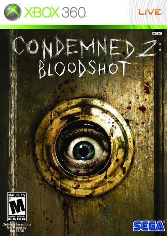 Condemned 2 Bloodshot game for the Xbox 360 featuring first person survival horror gameplay with brutal melee combat forensic investigation elements and a dark psychological storyline following detective Ethan Thomas front cover