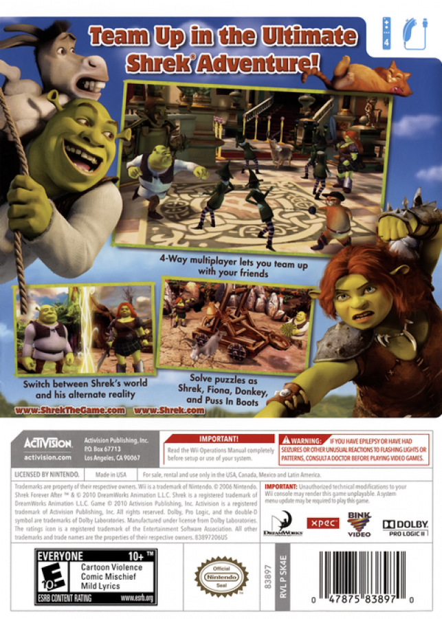 Shrek: Forever After: The Final Chapter – Nintendo Wii (Wii) action-adventure platformer family video game back of case