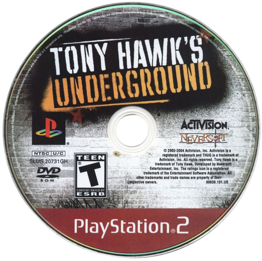 Tony Hawk's Underground [Greatest Hits] – PlayStation 2 (PS2) video game disc, skateboarding sports action.