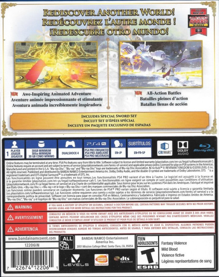 Ni no Kuni II: Revenant Kingdom for PlayStation 4 fantasy action RPG featuring real time combat kingdom building anime style visuals epic story adventure gameplay back cover