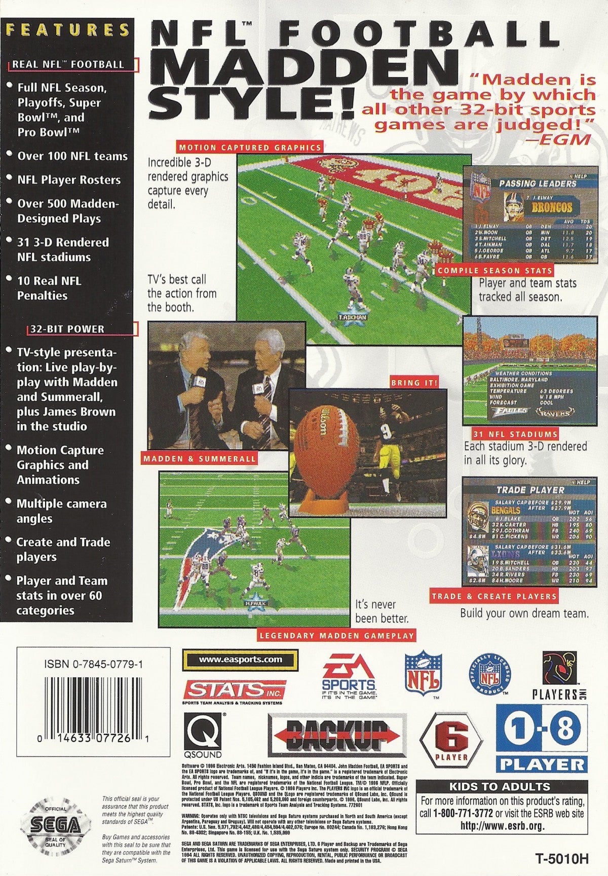Madden NFL 97 Sega Saturn video game, football sports simulation, classic Madden gameplay, retro Sega console title back cover