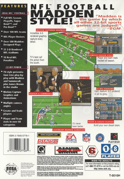 Madden NFL 97 Sega Saturn video game, football sports simulation, classic Madden gameplay, retro Sega console title back cover