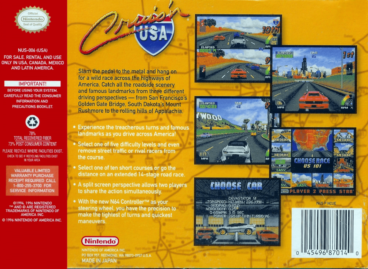 Cruisn USA back cover art for Nintendo 64 N64 video game