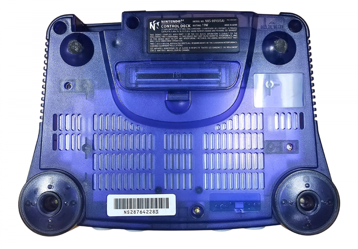 Nintendo 64 N64 System Funtastic Grape with Third Party Controller Good Condition Nintendo 64 gaming console featuring Funtastic Grape purple design third party controller classic Nintendo hardware retro video game system home gaming setup collectible console and gaming collection appeal bottom