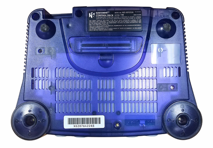 Nintendo 64 N64 System Funtastic Grape with Third Party Controller Good Condition Nintendo 64 gaming console featuring Funtastic Grape purple design third party controller classic Nintendo hardware retro video game system home gaming setup collectible console and gaming collection appeal bottom