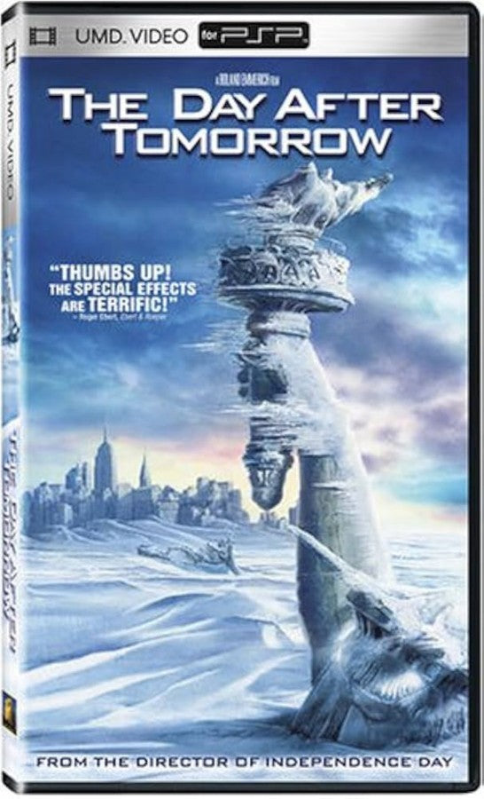 The Day After Tomorrow PSP UMD movie PlayStation Portable disaster film Blu ray style video playback portable cinema extreme weather global climate catastrophe survival thriller 20th Century Fox handheld movie disc PSP video UMD format film adaptation Roland Emmerich movie entertainment portable media system front cover