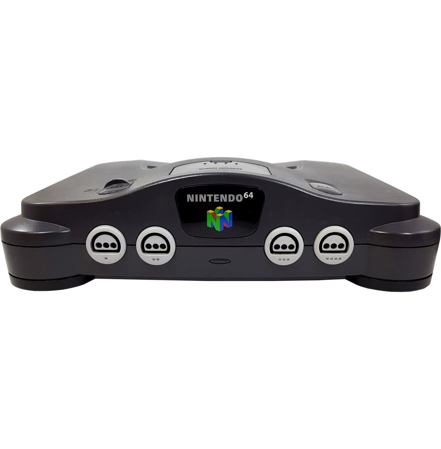 Front-facing view of an original Nintendo 64 console.