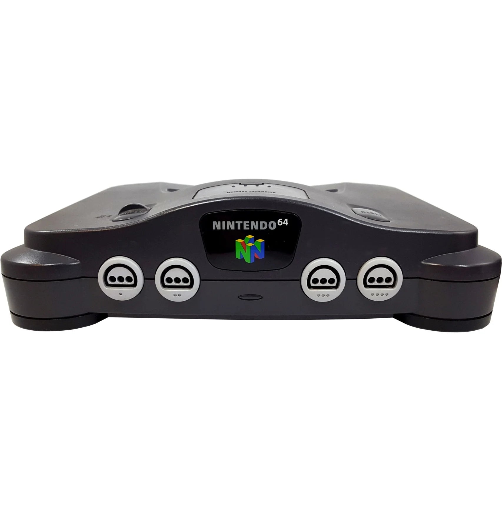 Front-facing view of an original Nintendo 64 console.