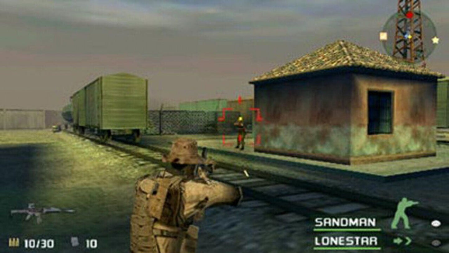 SOCOM U.S. Navy SEALs Fireteam Bravo 2 PlayStation Portable PSP video game, tactical shooter, squad-based military action, handheld console title gameplay screenshot