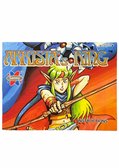 Arkista's Ring Nintendo NES video game cartridge classic 8 bit action adventure game for retro gaming collectors Nintendo fans vintage video game enthusiasts NES game collection classic video games and retro gaming fans front of manual