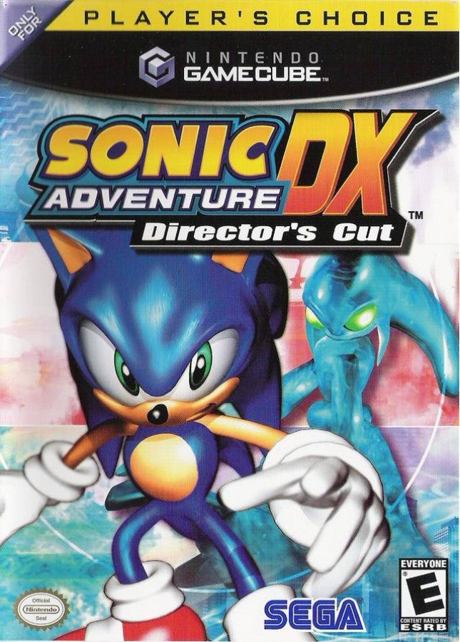 Sonic Adventure DX: Director's Cut Player’s Choice edition for the Nintendo GameCube is a re-release of the original 2003 title, featuring added content and budget-friendly packaging. front cover