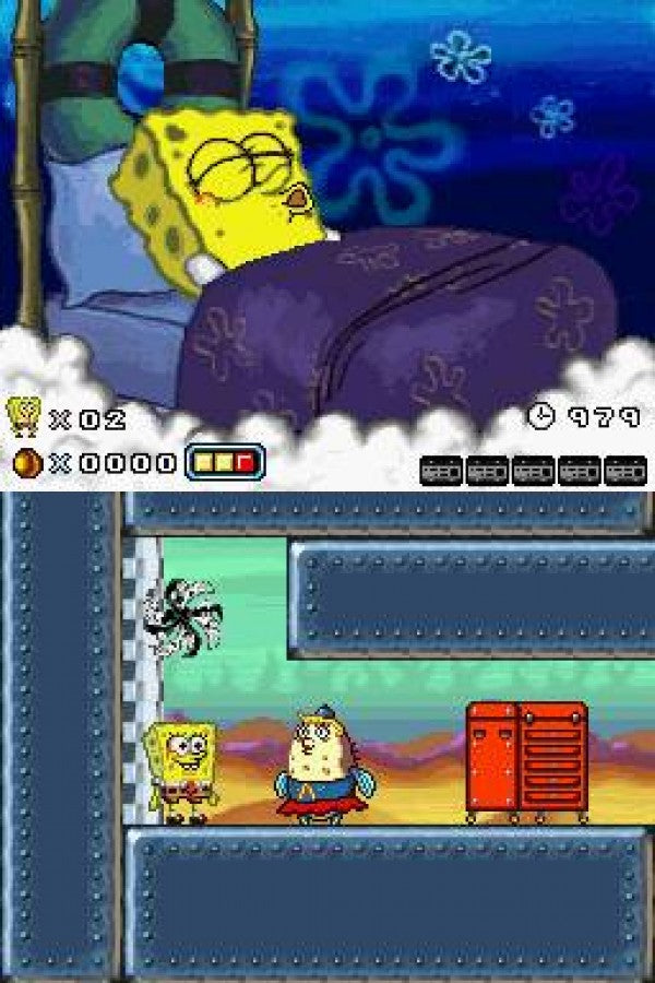 SpongeBob SquarePants Creature from the Krusty Krab Nintendo DS DS action adventure game featuring SpongeBob Patrick and Plankton surreal levels platforming challenges flying sequences boss battles and Nickelodeon cartoon gameplay retro video game collection collectible gaming appeal gameplay screenshot