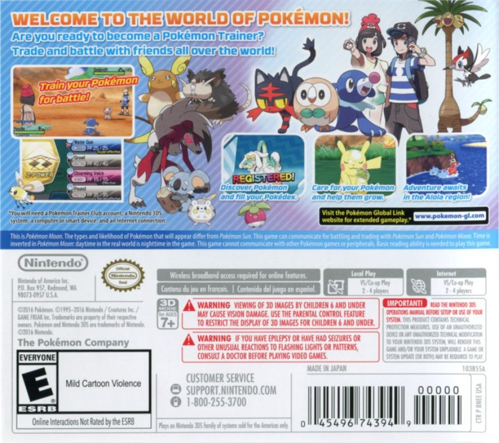 Pokémon: Moon back cover art for Nintendo 3DS (3DS) Pokémon RPG adventure video game
