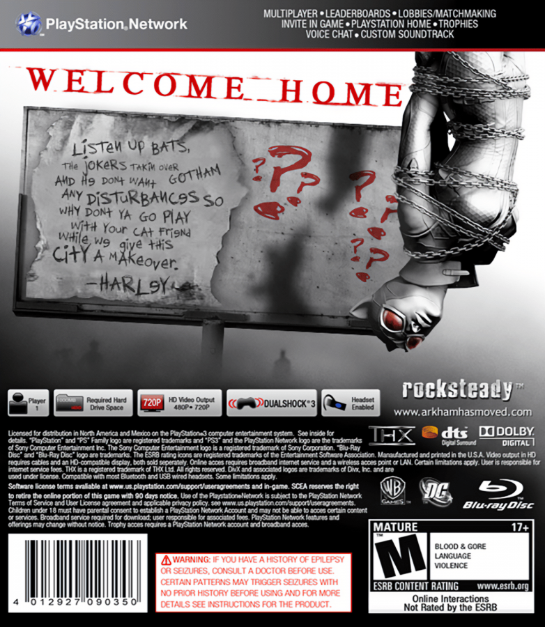 Batman: Arkham City back cover art for PlayStation 3 (PS3) video game