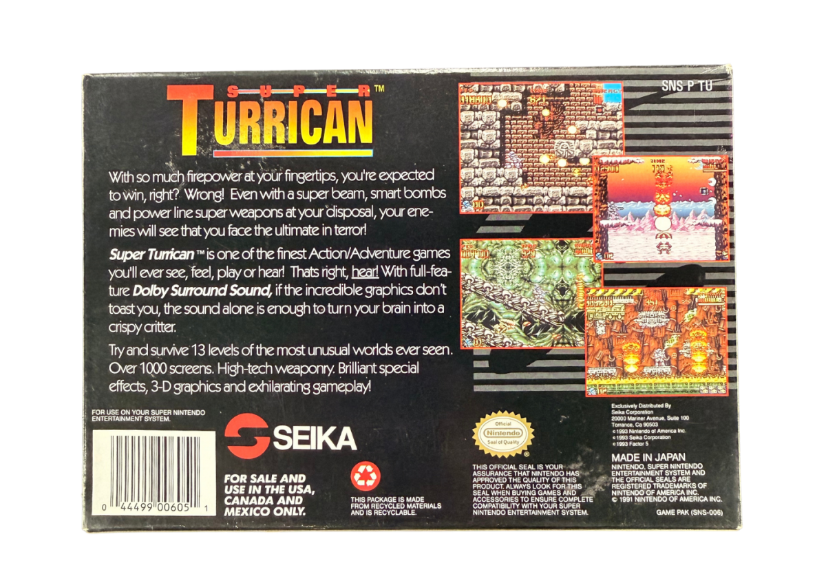 Super Turrican Super Nintendo Entertainment System SNES retro video game action platformer featuring futuristic combat powerful weapons alien enemies challenging levels explosive action classic 16 bit graphics Super Nintendo gaming experience retro game collection appeal back cover art