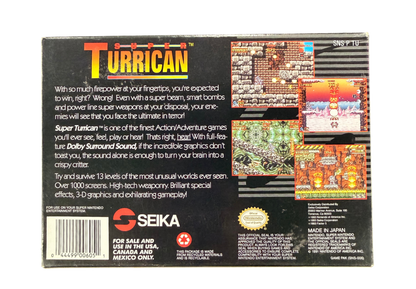 Super Turrican Super Nintendo Entertainment System SNES retro video game action platformer featuring futuristic combat powerful weapons alien enemies challenging levels explosive action classic 16 bit graphics Super Nintendo gaming experience retro game collection appeal back cover art