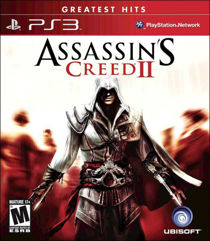 Assassin's Creed II Greatest Hits for PlayStation 3 (PS3) at Gamers INC, featuring the epic journey of Ezio Auditore during the Italian Renaissance with an expanded open world, lethal new hidden blade upgrades, and Leonardo da Vinci's inventions for the definitive assassin experience front cover