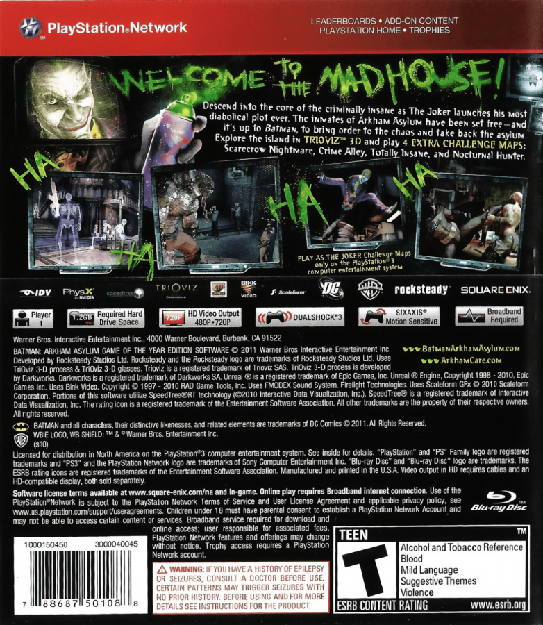 Batman Arkham Asylum Game of the Year Edition PS3 featuring superhero action gameplay with Dark Knight back cover art