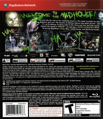 Batman Arkham Asylum Game of the Year Edition PS3 featuring superhero action gameplay with Dark Knight back cover art