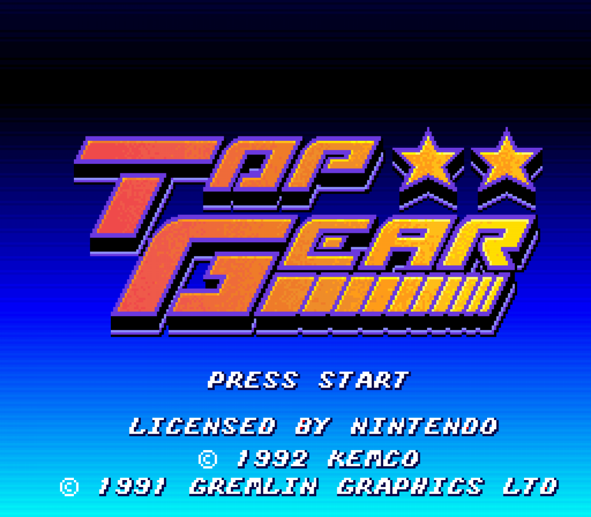 Top Gear cartridge for the Super Nintendo Entertainment System featuring 16 bit racing gameplay with fast paced arcade style cars multiple tracks and competitive time trial and multiplayer modes fameplay 