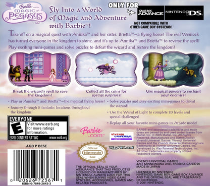 Barbie and the Magic of Pegasus for Game Boy Advance (GBA), back of case for a retro video game featuring fantasy adventure gameplay, horse riding challenges, puzzle-solving, magical environments, and movie-inspired action
