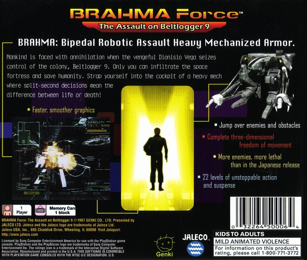 BRAHMA Force: The Assault on Beltlogger 9 PlayStation 1 PS1 for third person shooter retro video game fans featuring mech combat futuristic sci fi battles powerful weapons explosive action mission based gameplay armored vehicles collectible gaming appeal back case
