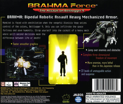 BRAHMA Force: The Assault on Beltlogger 9 PlayStation 1 PS1 for third person shooter retro video game fans featuring mech combat futuristic sci fi battles powerful weapons explosive action mission based gameplay armored vehicles collectible gaming appeal back case