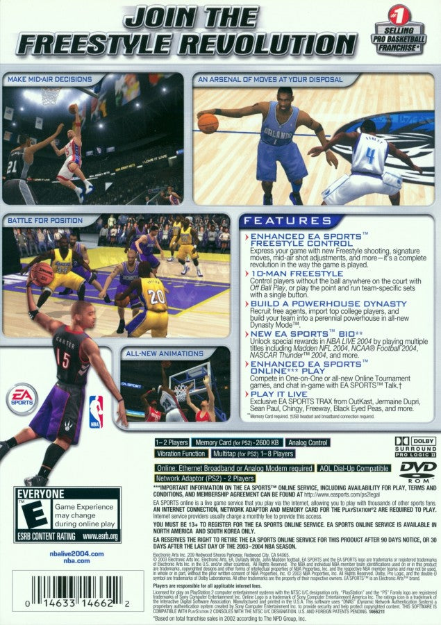 NBA Live 2004 for PlayStation 2 basketball sports game EA Sports NBA simulation featuring official teams players franchise mode season mode multiplayer gameplay back cover