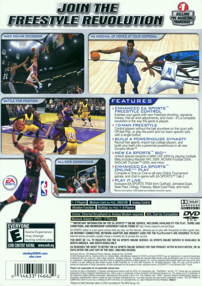 NBA Live 2004 for PlayStation 2 basketball sports game EA Sports NBA simulation featuring official teams players franchise mode season mode multiplayer gameplay back cover