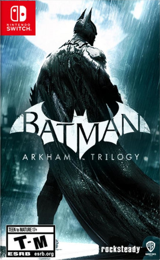 Batman Arkham Trilogy for Nintendo Switch, cover image for an action-adventure video game collection with open-world gameplay, combat mechanics, stealth elements, and superhero storyline